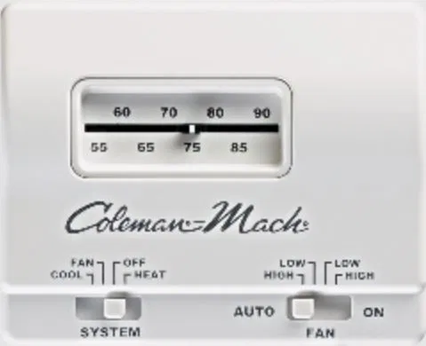 7330B3441 – COLEMAN RVP Wall Thermostat, Single Stage For Heat/ Cool Control Analog Readout 24 Volt DC Wall Mount Whi...